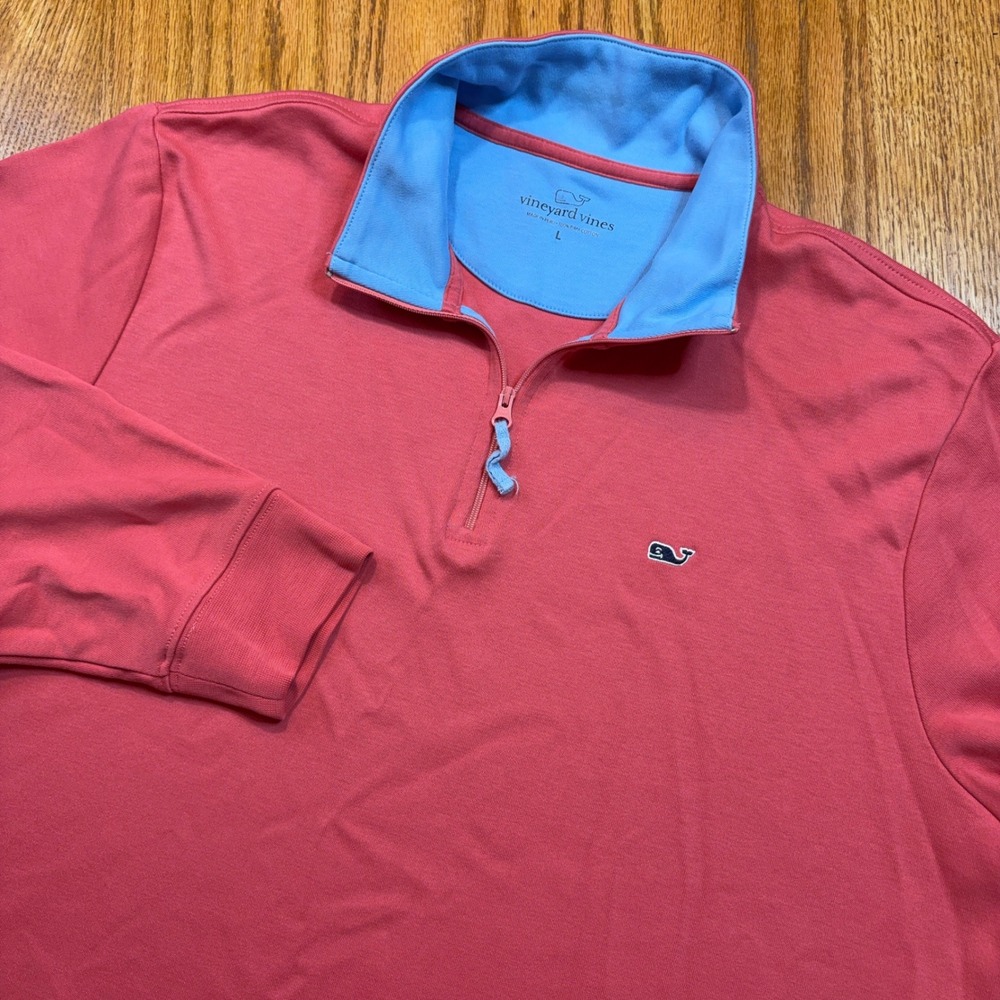 Vineyard Vines Pullover Mens L Salmon 1/4 Zip Pima Cotton Whale Logo Sweater